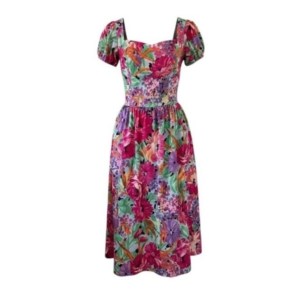 Jean Leslie Vintage 80s Floral Midi Dress Tropical Puff Sleeve w/ Pockets